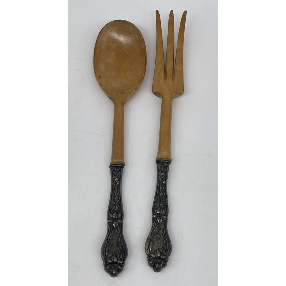 Antique Frank Whiting LILY Sterling Handle With Wood Serving Utensils Script D